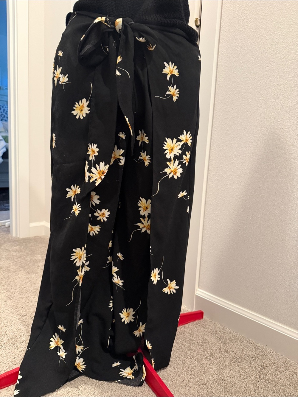 Wide Leg Floral Wrap Pants - Black with White & Yellow Daisy Print